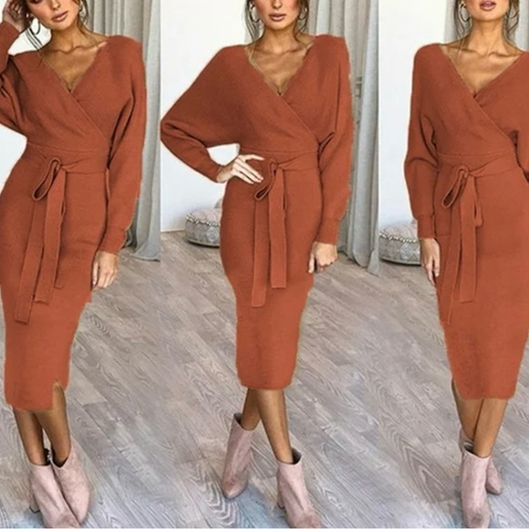 Womens Long Knitted Dress Sexy Wrap Sweater Long Sleeves Occasion Chic Fitted - Picture 3 of 16